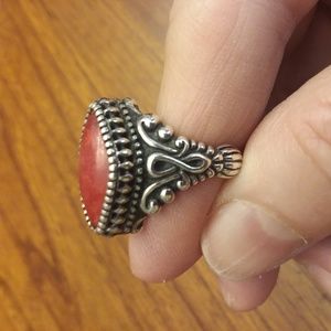 Sterling Silver Diamond Shaped Red Gemstone Ring